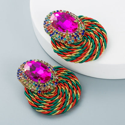Exaggerated Oval Glass Diamond Earrings Handmade Geometric Jewelry