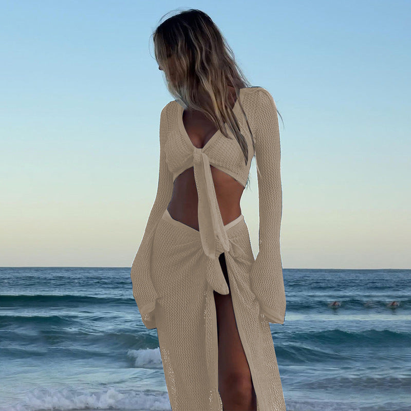 Sexy Hollow Out Knit String Tie Cover Up Set