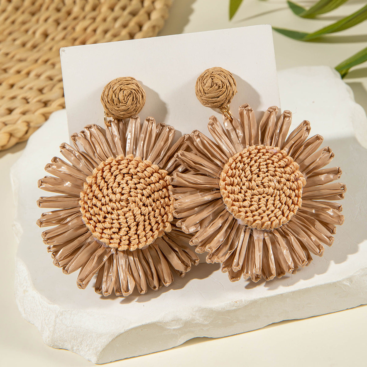 Handmade Woven Raffia Vacation Earrings Floral Design