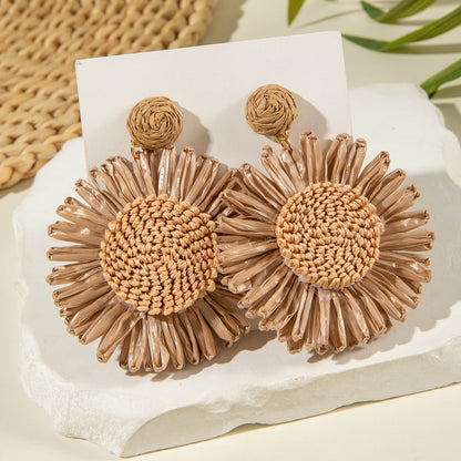 Handmade Woven Raffia Vacation Earrings Floral Design