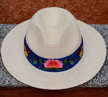 National Style Embroidered Hat Straw Hat Sun-Proof Visor Big Brim Summer Days Ladies National Hat