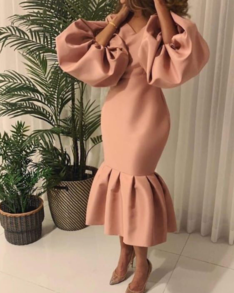 Plus Size Women'S Elegant V-Neck Puff Sleeve Mermaiding Dress