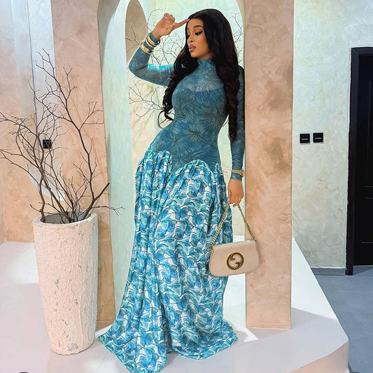 Floral Print A-Line Dress With High Neck Long Sleeve