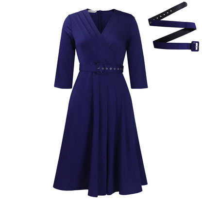 Elegant V-Neck A-Line Dress With Belt For Women