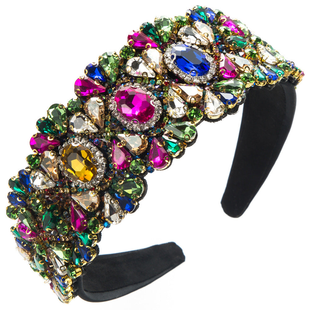 Baroque Style Wide Headband with Colorful Rhinestones