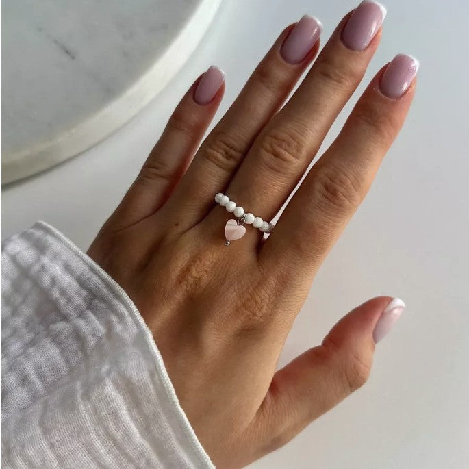 Shell Bead Heart Pendant Stackable Ring
