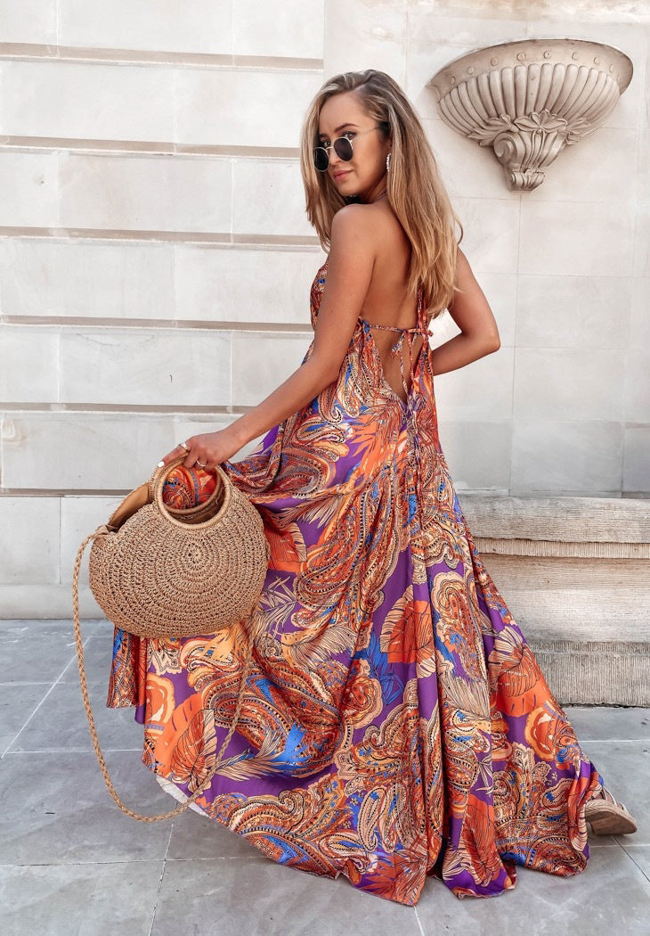 Slim Sexy V-Neck Print Slip Hemp Dress Woman