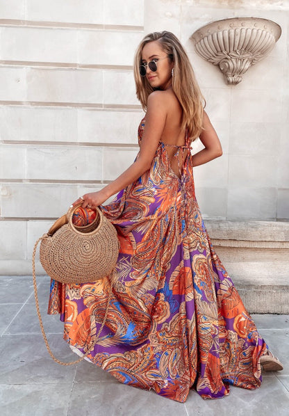 Slim Sexy V-Neck Print Slip Hemp Dress Woman