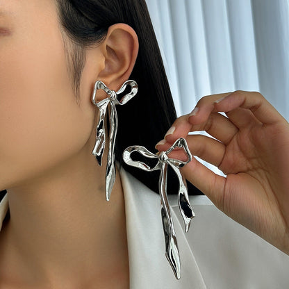 Geometric Bowknot Stud Earrings Metal Floral Design Jewelry