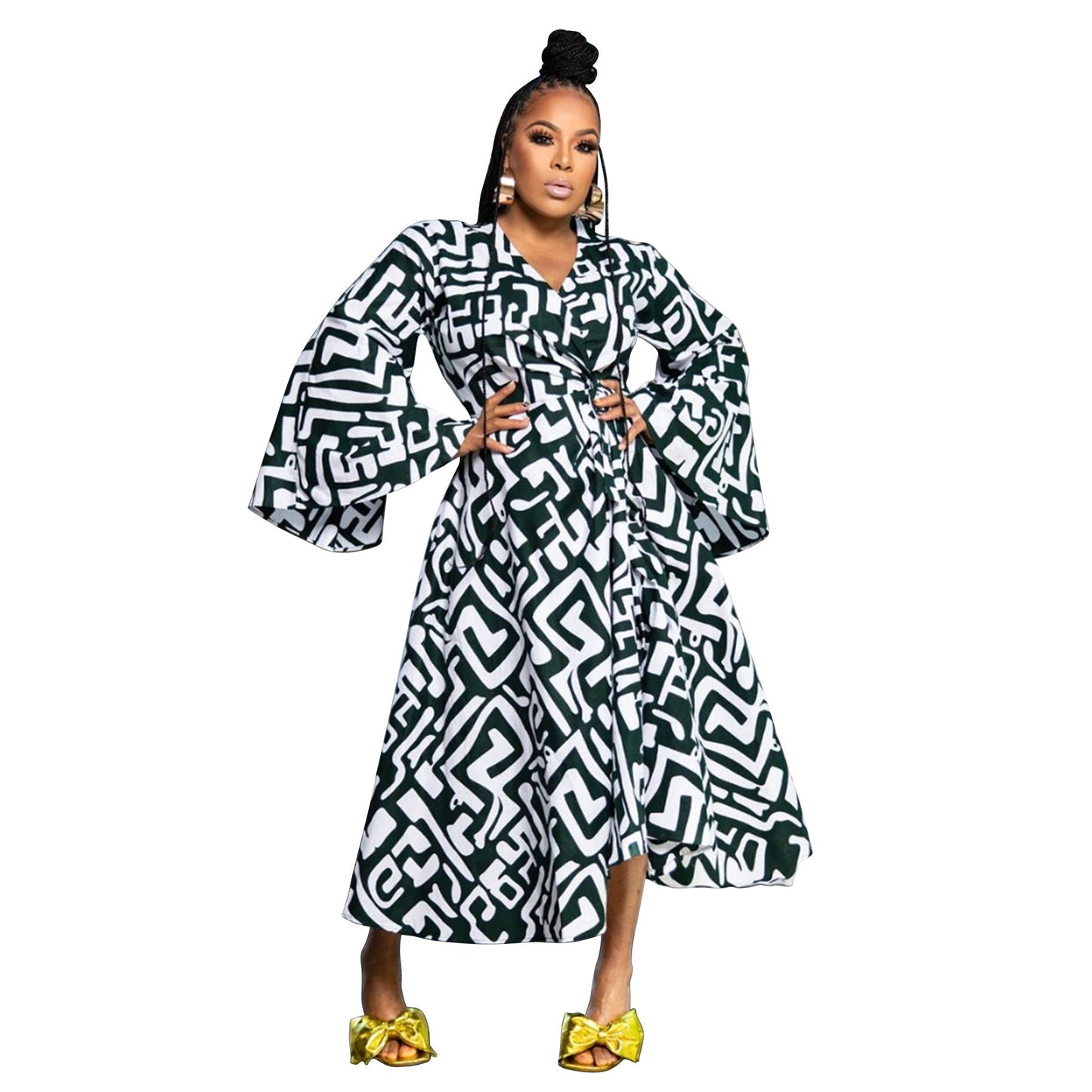 Plus Size African Casual Tie-Front Maxi Dress