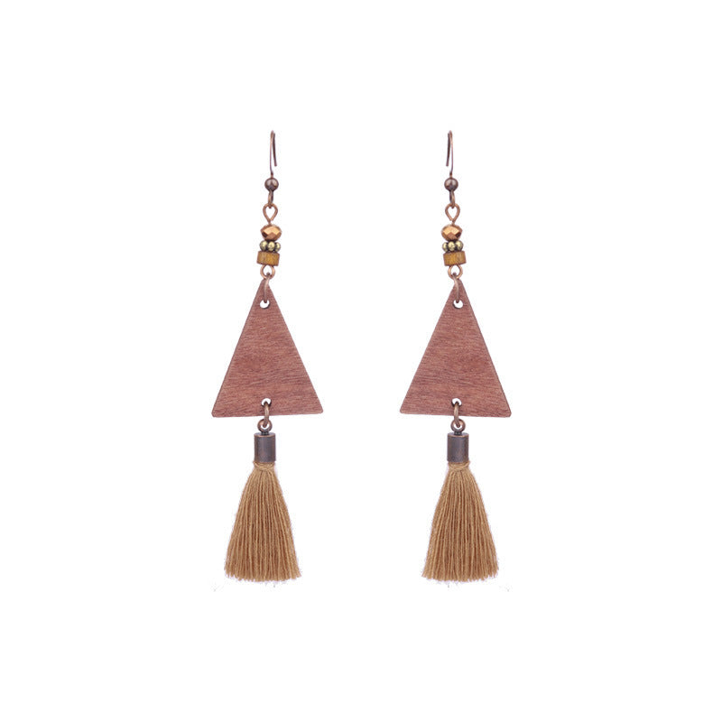 Exaggerated Vintage Geometric Wooden Earrings with Tassel and Bell