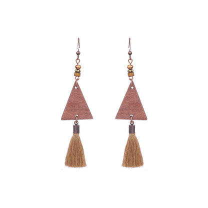 Exaggerated Vintage Geometric Wooden Earrings with Tassel and Bell