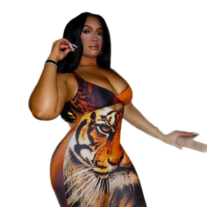 Stylish Tiger Print Bodycon Jumpsuit For Women