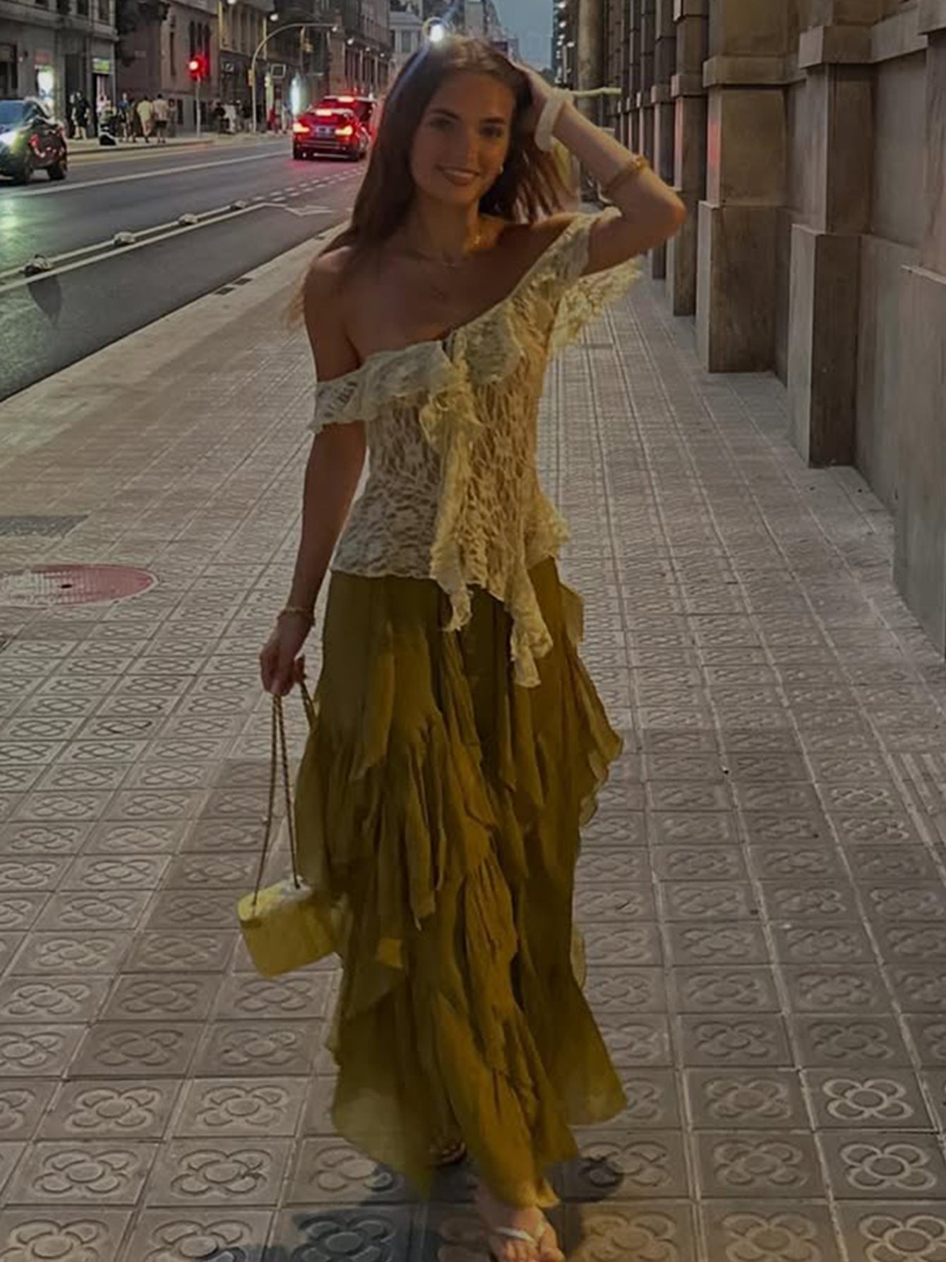 Asymmetrical Lace Trim Tie Top in Apricot