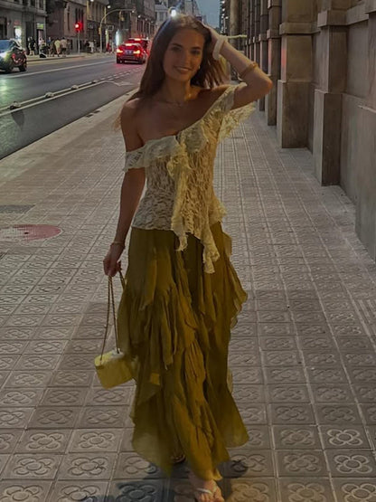 Asymmetrical Lace Trim Tie Top in Apricot