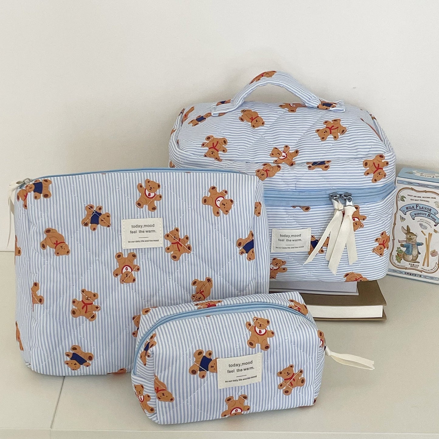 Cute Bear Print Striped Make Up Bag