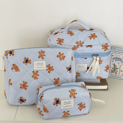 Cute Bear Print Striped Make Up Bag