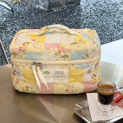 Sweet Girl Quilted Makeup Bag Large Capacity Portable Handheld Travel Pouch