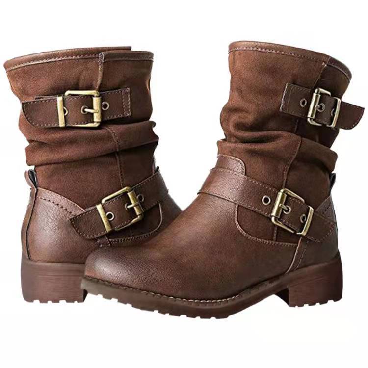 Autumn And Winter New Leopard Print High Round Toe Knight Boots Belt Buckle Low Heel Martin Boots