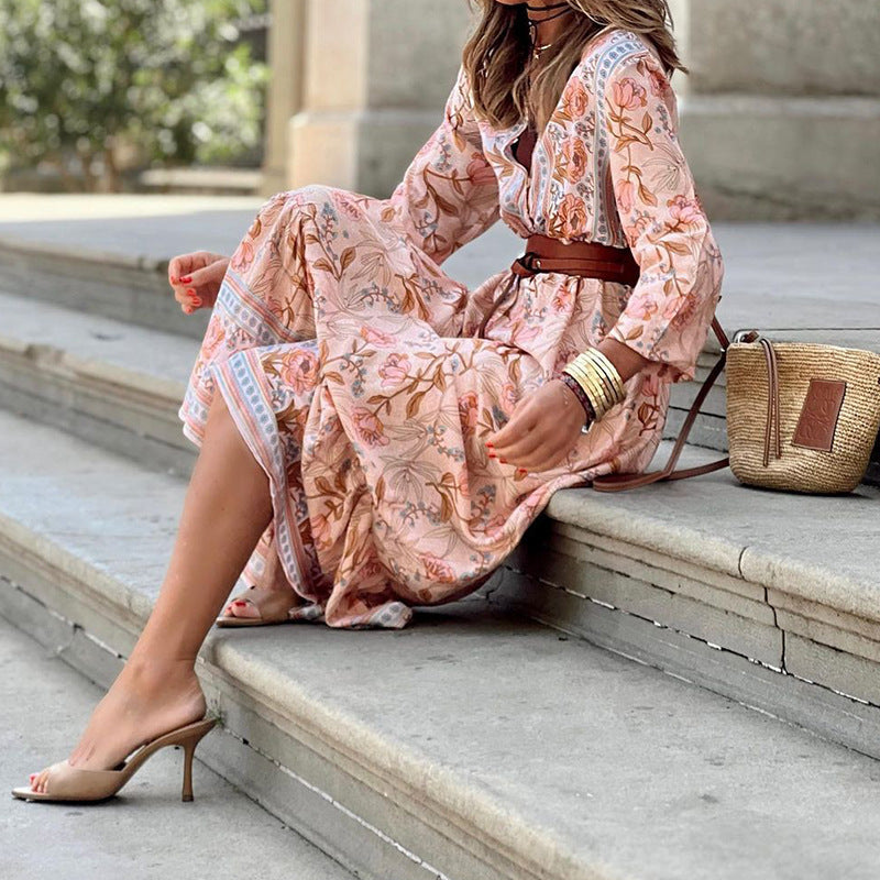 Autumn New Casual Style Bohemian Mid Length Printed Dress