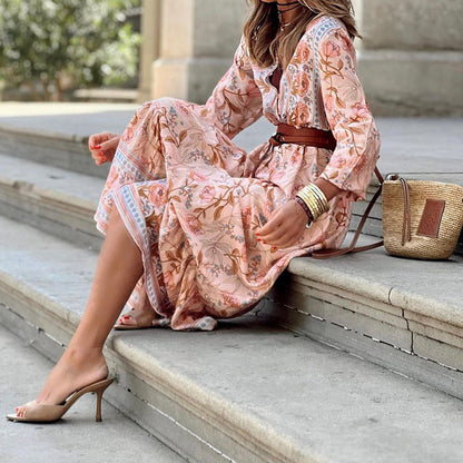 Autumn New Casual Style Bohemian Mid Length Printed Dress
