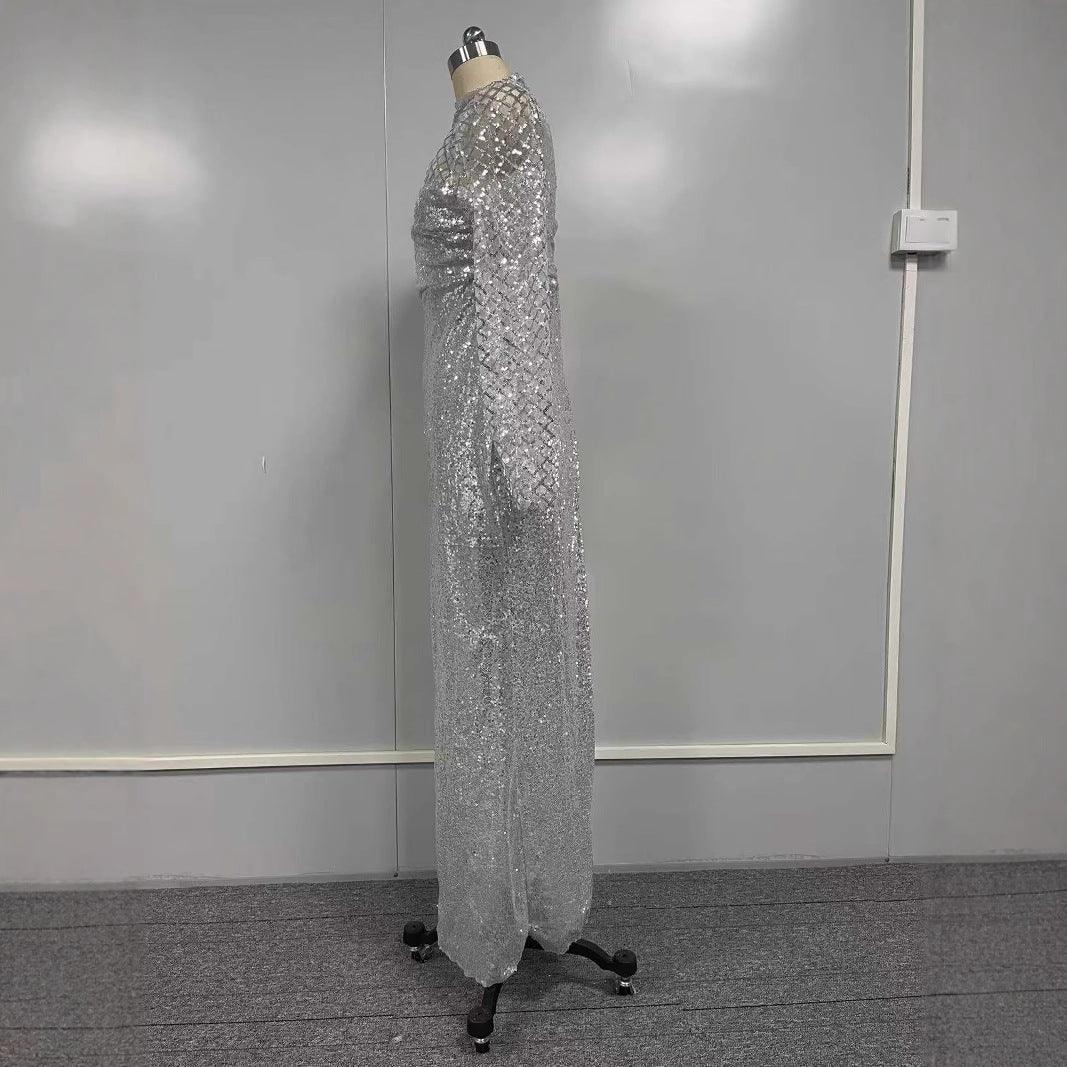 Silver Hollow Shoulder Sequined Dress