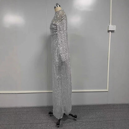 Silver Hollow Shoulder Sequined Dress