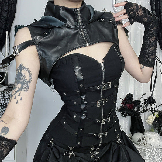 Cyber Leather Hooded Crop Top Gothic Streetwear
