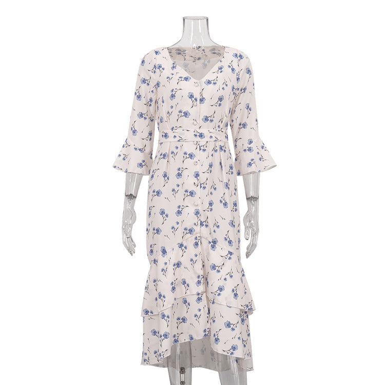 French Floral Print High Waist V-Neck Flare Sleeve Dress