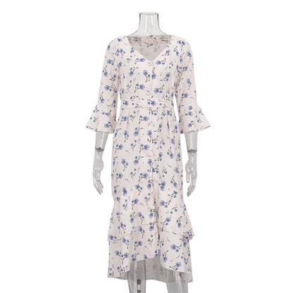 French Floral Print High Waist V-Neck Flare Sleeve Dress
