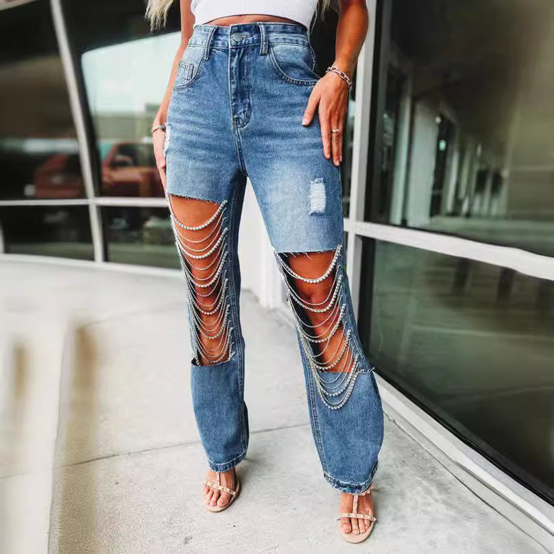 Distressed Denim Jeans with Chain Detail for Women