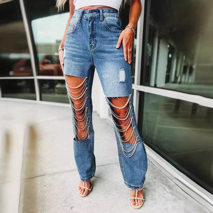 Distressed Denim Jeans with Chain Detail for Women