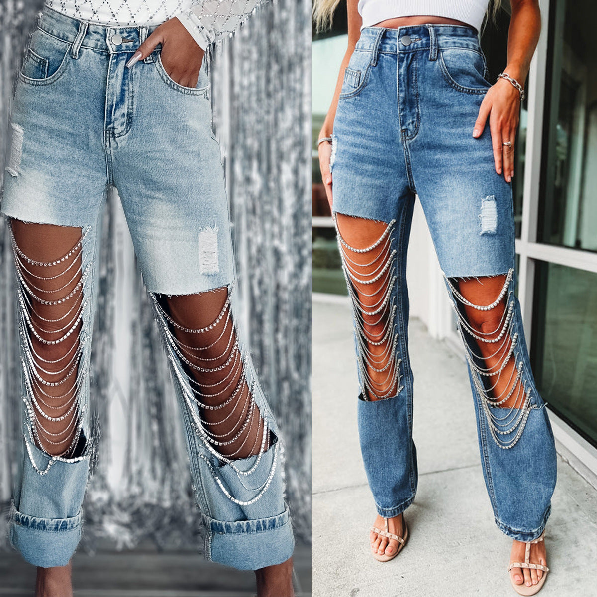Distressed Denim Jeans with Chain Detail for Women