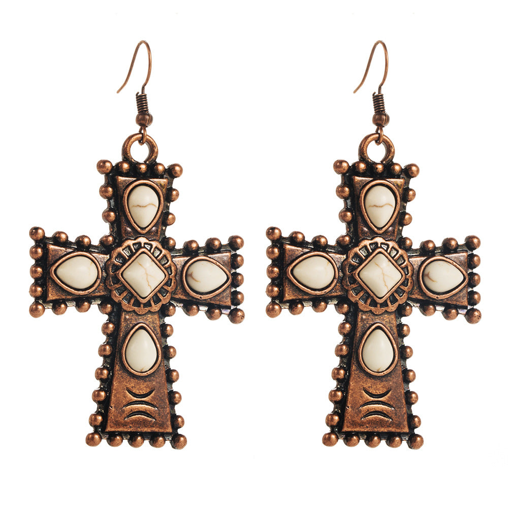 Retro Western Style Turquoise Cross Drop Earrings