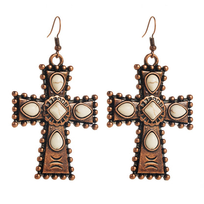 Retro Western Style Turquoise Cross Drop Earrings