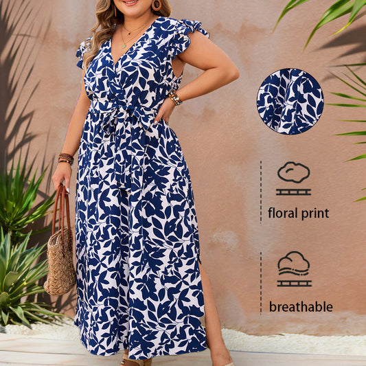 Plus Size Floral Print V-Neck Short Sleeve Dress