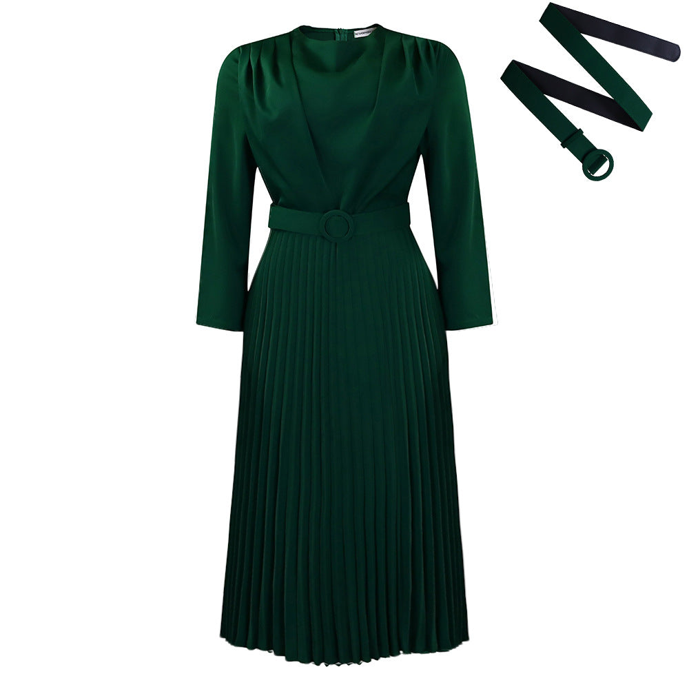 Elegant A-Line Midi Dress With Belt - Office Casualwear
