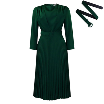 Elegant A-Line Midi Dress With Belt - Office Casualwear