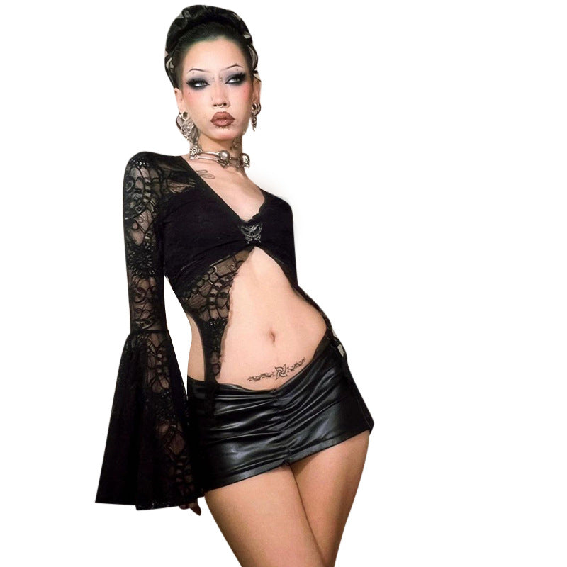 Sexy Lace V-Neck Crop Top with Flared Sleeves