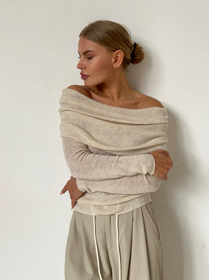Off-Shoulder Knit Top Solid Color Slim Fit Long Sleeve Sweater