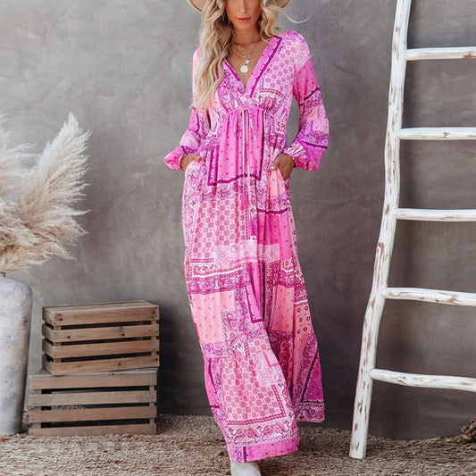 V-Neck Simple Fashion Temperament Loose Bohemian Dress