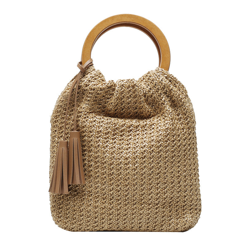 Trendy Round Wood Handle Tote Bag With Tassels