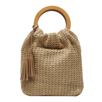 Trendy Round Wood Handle Tote Bag With Tassels