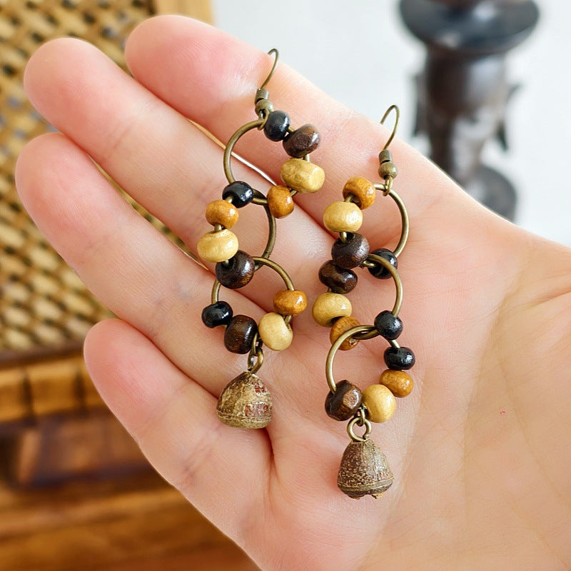 Botanical Pattern Wooden Bead Dangle Earrings