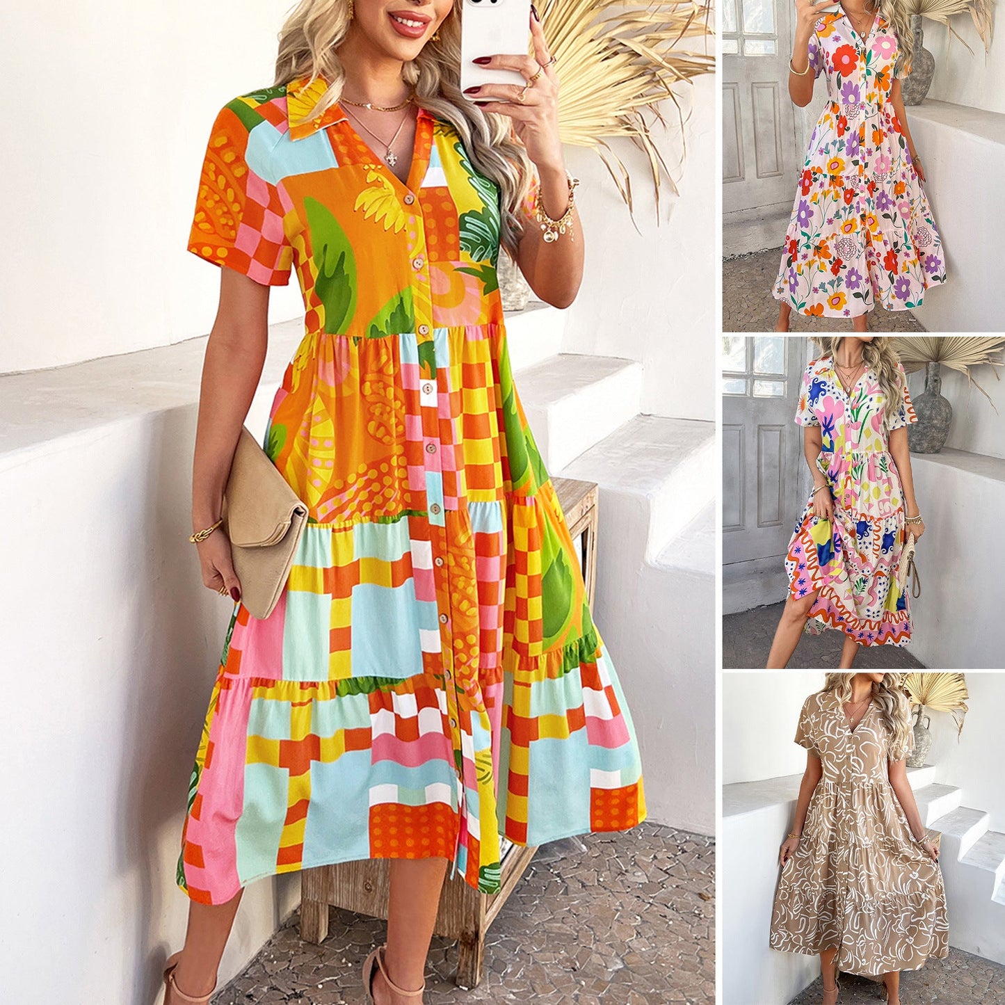 Bohemian High-Waisted Geometric Color-Block Maxi Dress