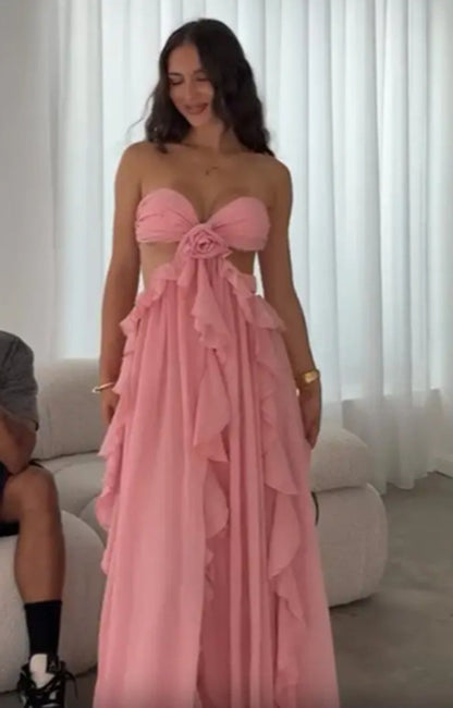 Elegant Ruffled Strapless Chiffon Maxi Dress