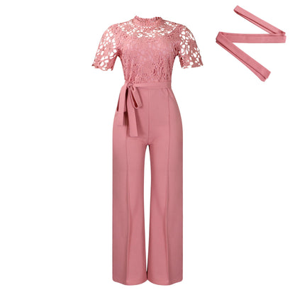 Sexy Lace Trim Halter Jumpsuit Elegant Wide-Leg Pants