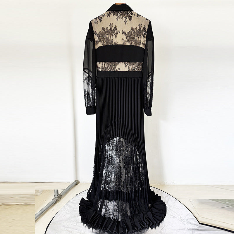Lace Pleated Maxi Dress Elegant Casual Style
