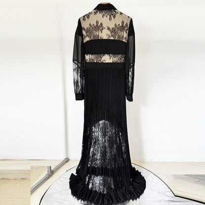 Lace Pleated Maxi Dress Elegant Casual Style