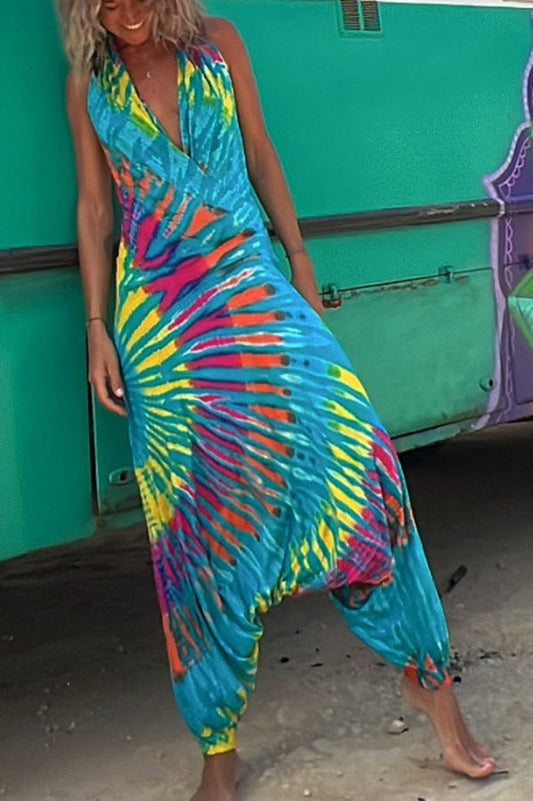 Summer Print Casual Hanging Neck V-Neck Open Back Style Large Swing Sexy Jumpsuit